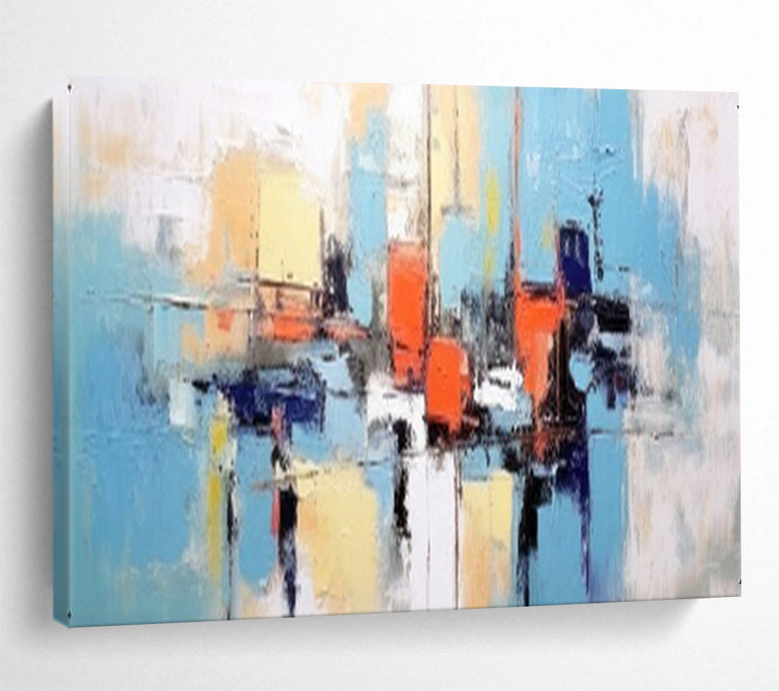 “Blue - Orange Abstract Harbor” - Coastal Hues “Marina Melody” Painting On Canvas PT1646