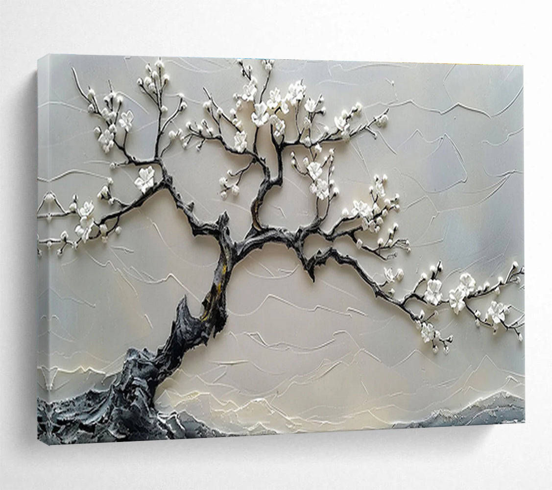 “White Blossom Tree” - Gray, White & Black Textured Tree, 3D Floral Relief Painting On Canvas DKS695