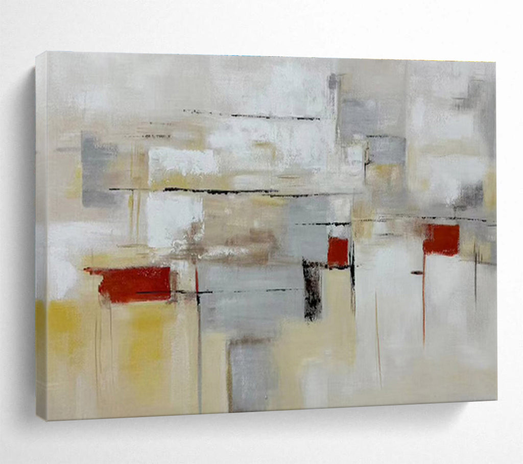 “Neutral - Toned Abstract City” - Gray, Yellow & Red Abstract, Urban - Inspired Oil Painting On Canvas DKS750
