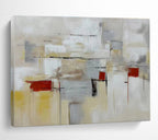 “Neutral - Toned Abstract City” - Gray, Yellow & Red Abstract, Urban - Inspired Oil Painting On Canvas DKS750
