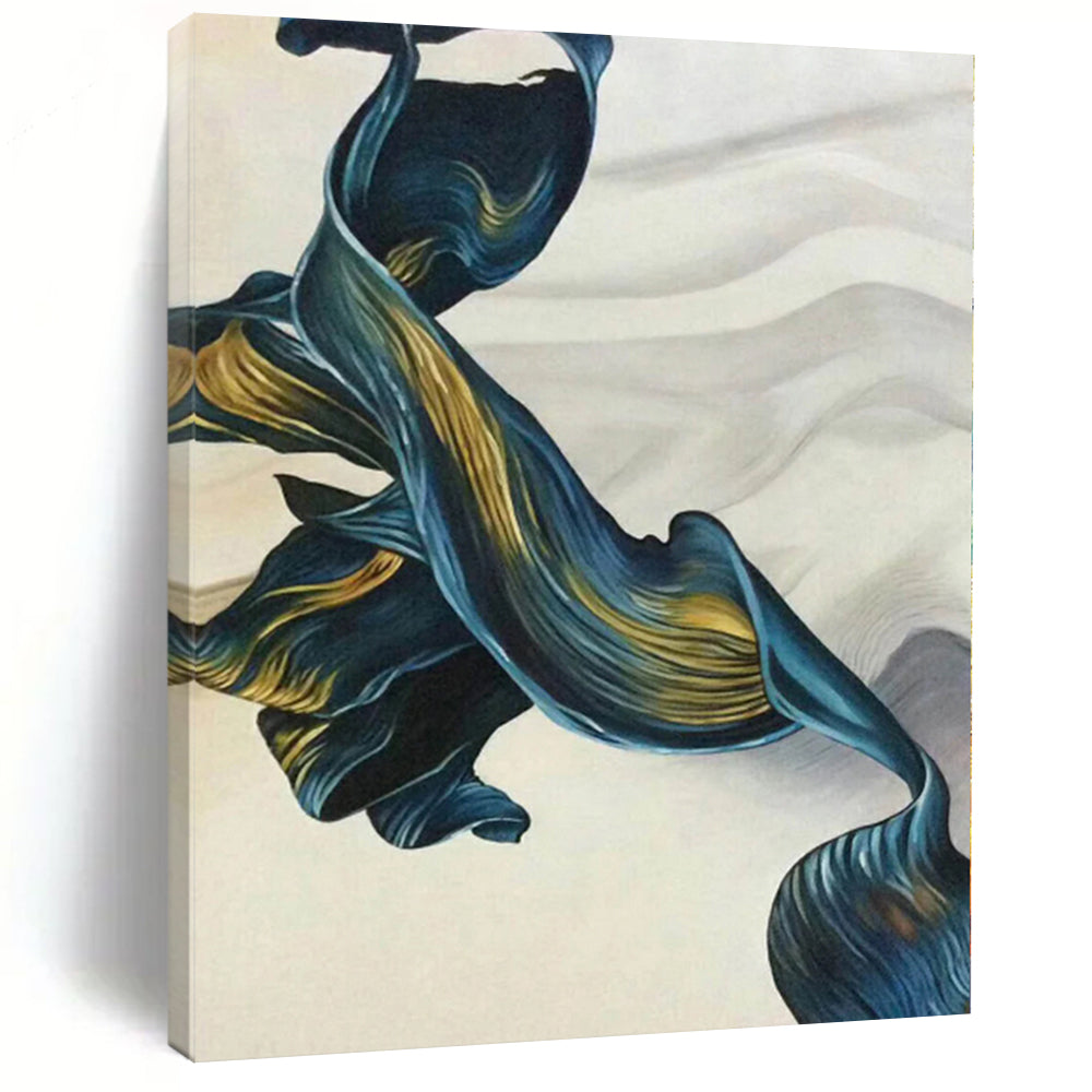 “Blue - Gold Flowing Abstract Ribbon” - Graceful Abstract Painting On Canvas PS0301