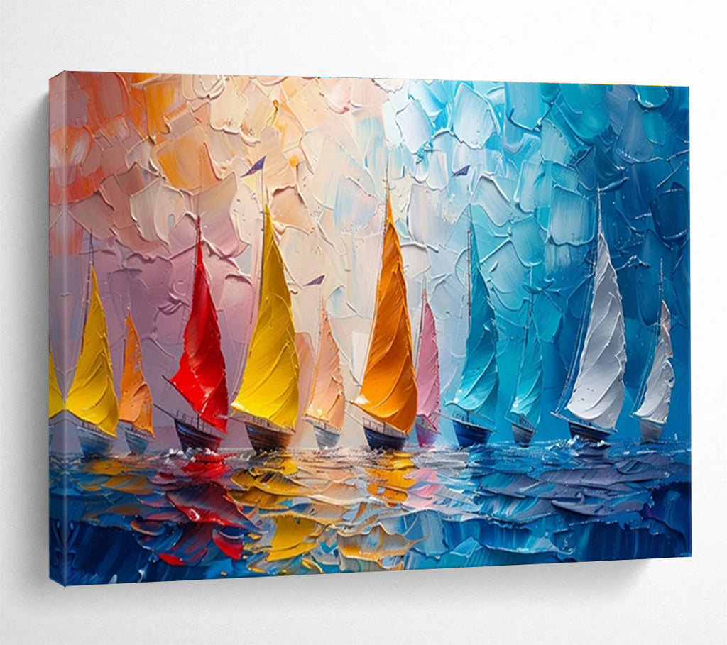 “Colorful Sailboats at Sea” - Impasto Oil Painting On Canvas DKS800