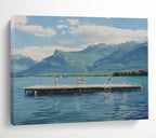 Blue Lake and Green Mountains with Figures Realistic Landscape Painting On Canvas DKS093