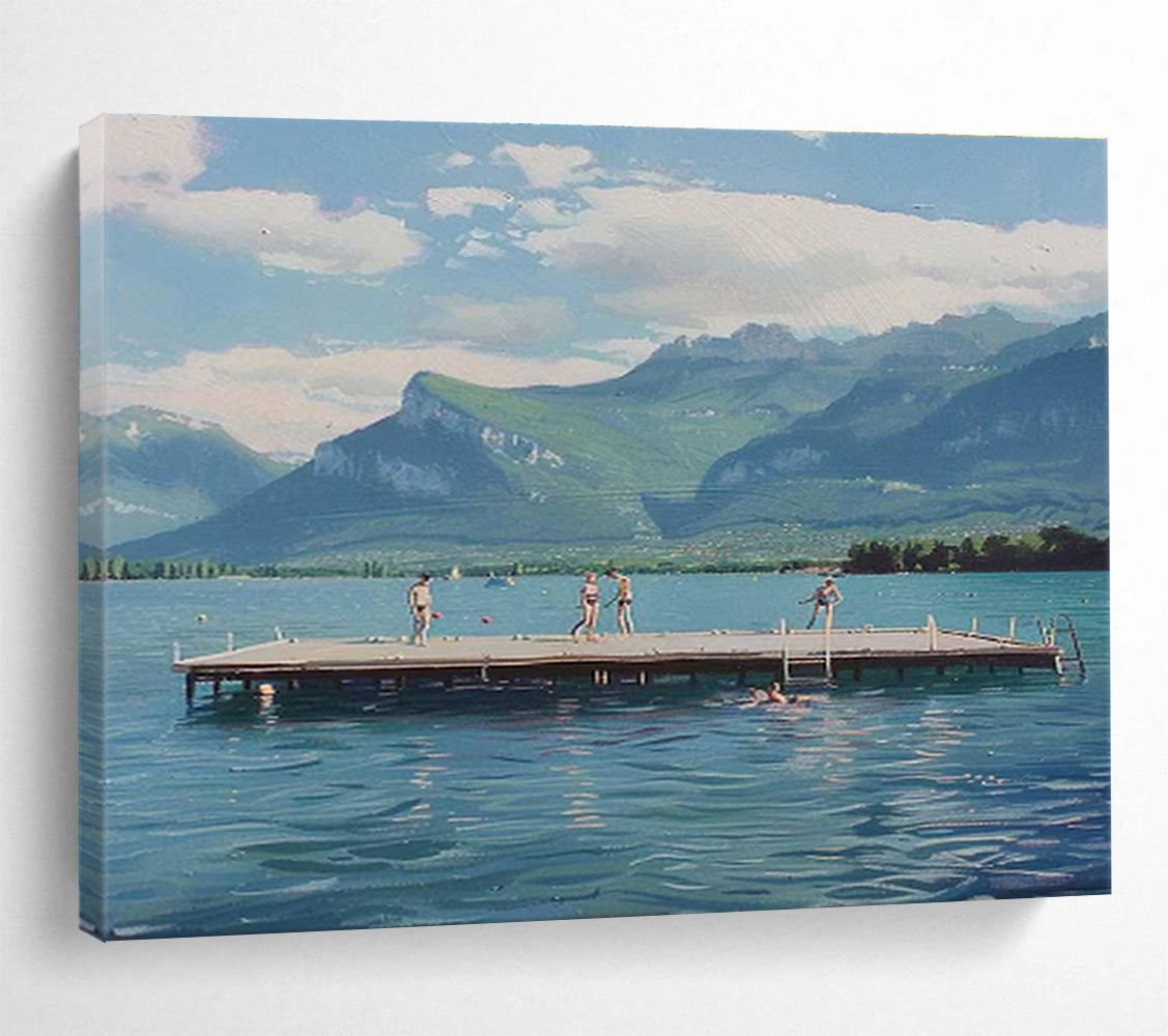 Blue Lake and Green Mountains with Figures Realistic Landscape Painting On Canvas DKS093