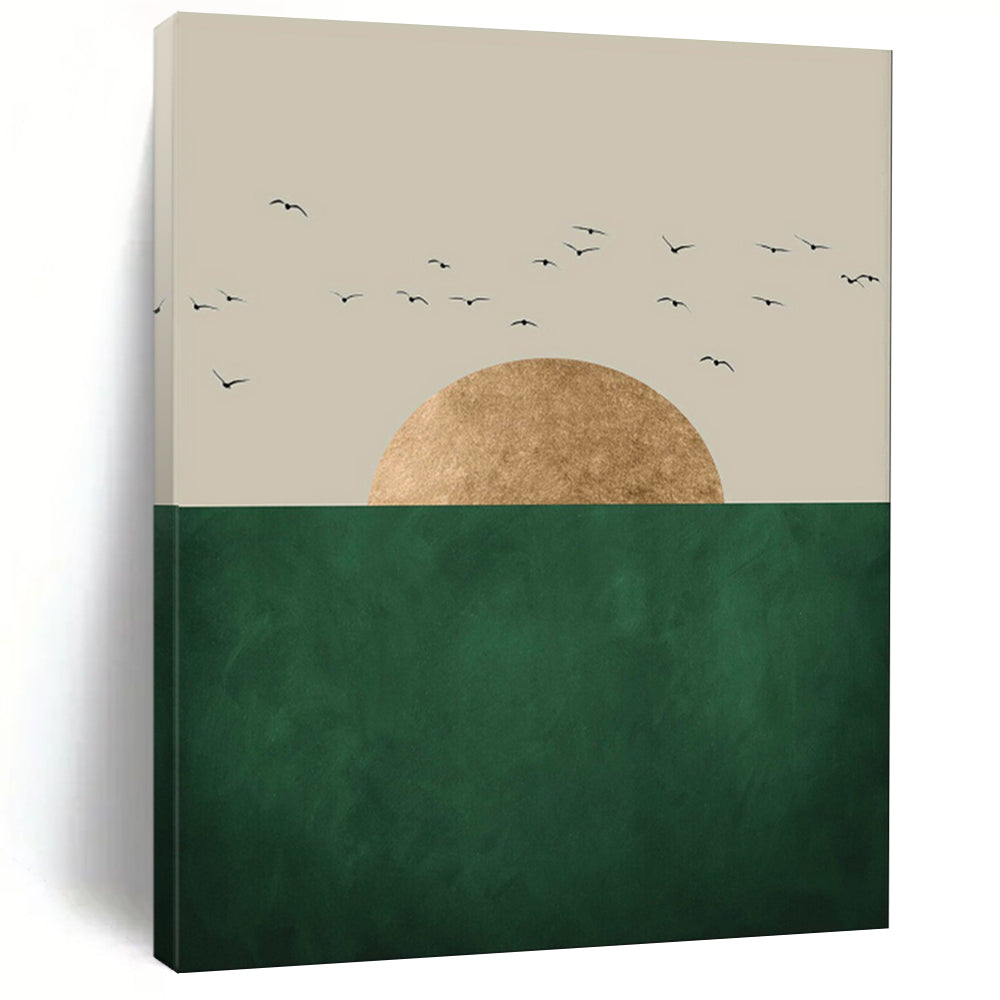 “Minimalist Sun, Sea, and Birds” - Minimalist Landscape Painting On Canvas PT1921