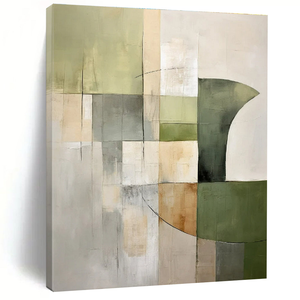 Green, Gray, Beige with Geometric Forms "Earthly Grid" Abstract Painting On Canvas PS1440