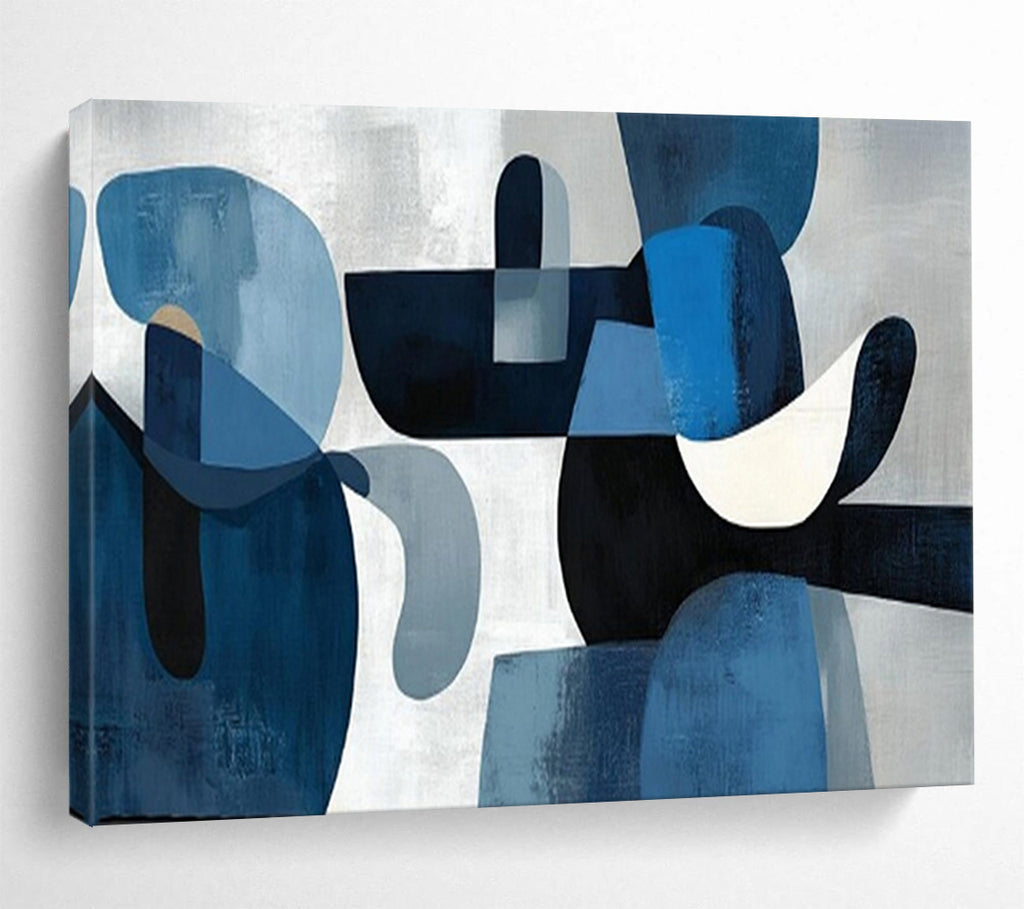 “Blue Shapes & Monochrome Background” - Abstract Cubist - Painting On Canvas PT1713