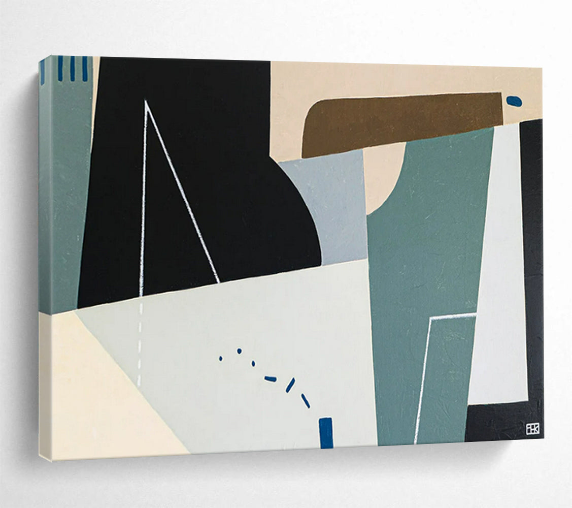 “Geometric Shapes in Black, Beige, Teal” Cubist Abstract Painting On Canvas PT1805