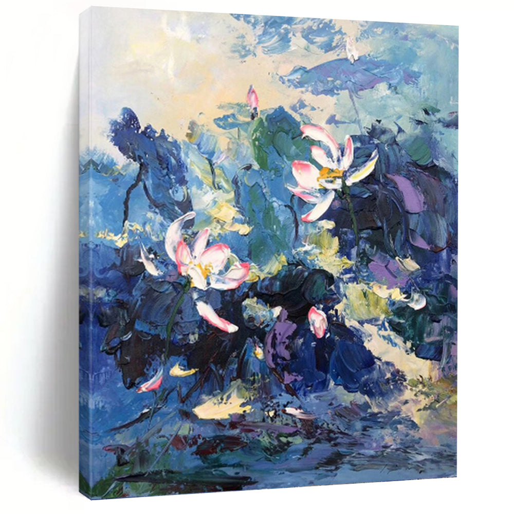 “Blue - Purple Lotus Pond” - Impressionist Floral Painting On Canvas PT1298