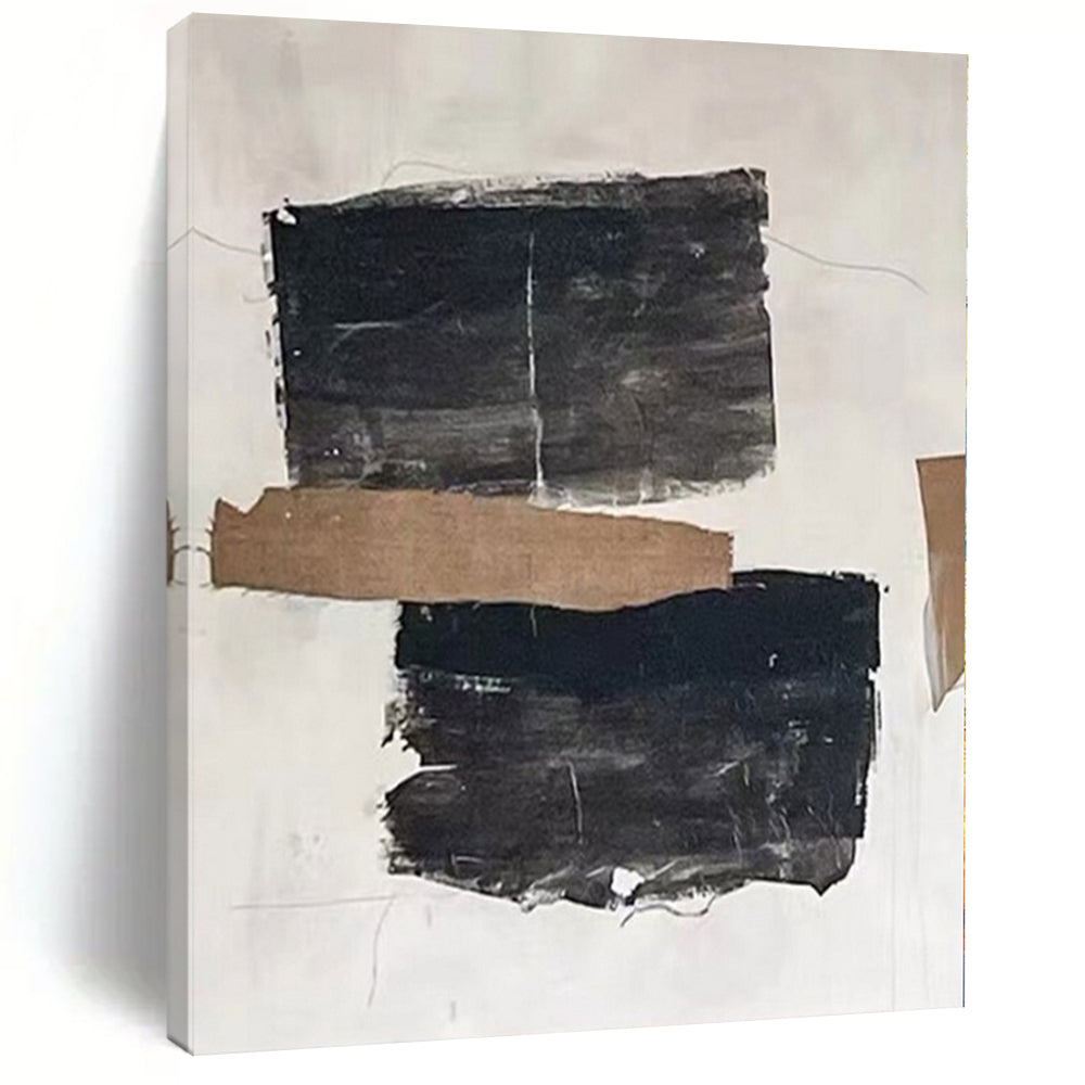 Black, Brown and White with Textured Collage Elements "Raw Fusion" Abstract Painting On Canvas PS1145