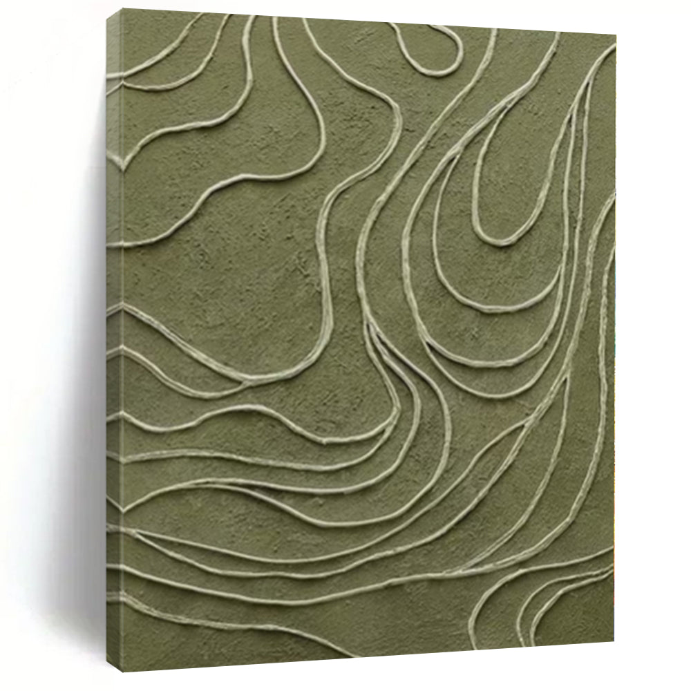“Olive Green with White Curved Lines” - Textured Abstract Painting On Canvas PS0144