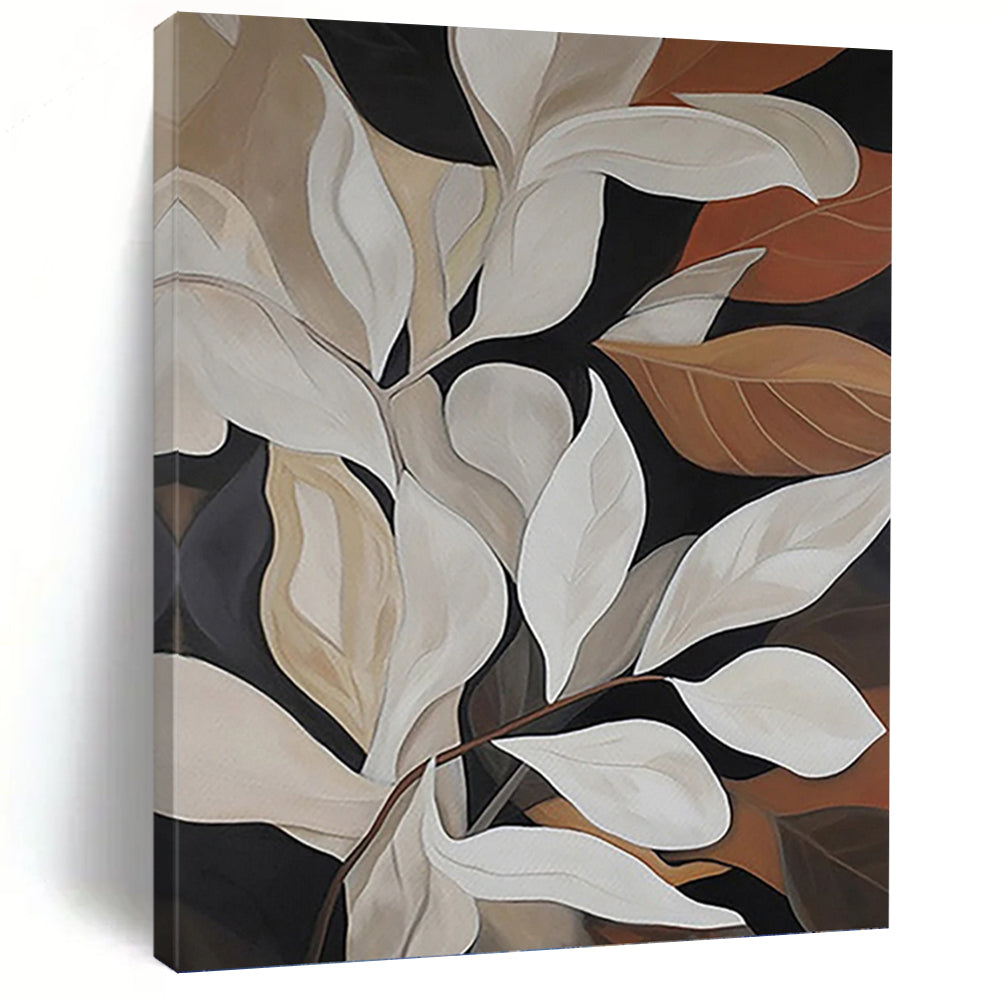 “White - Brown Leafy Composition” - Botanical Abstract Painting On Canvas PT1125