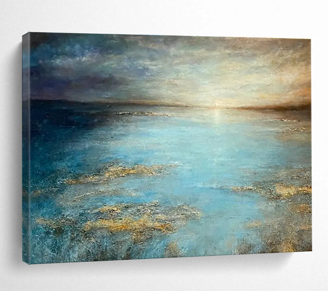 “Tranquil Blue Sea” - Blue, Gray & Gold Seascape, Impressionistic Oil Painting On Canvas DKS771