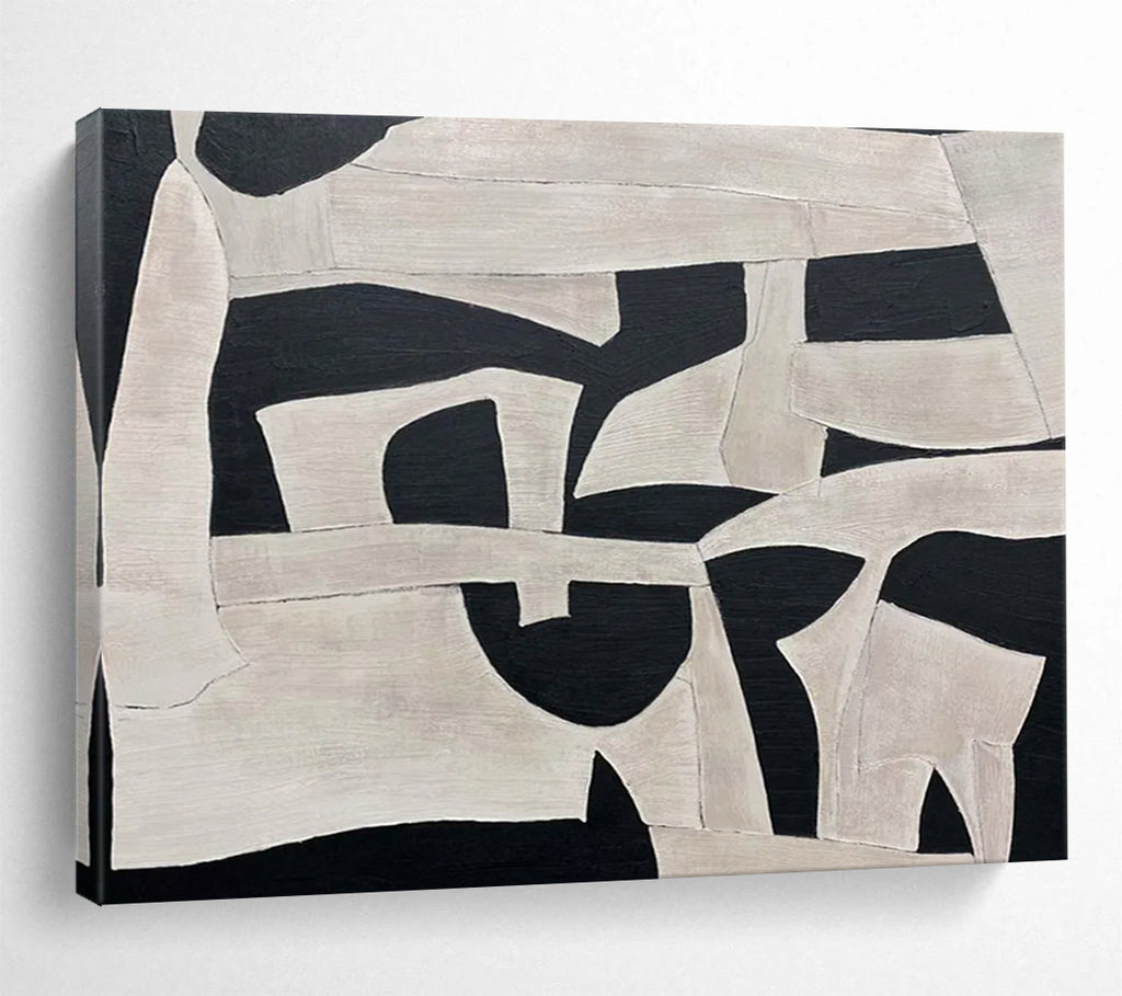 “Black and White Geometric Shapes” - Cubist Abstract Painting On Canvas PT093