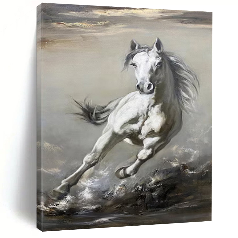 “White Horse in Motion” - Dynamic Oil Painting On Canvas PT2180