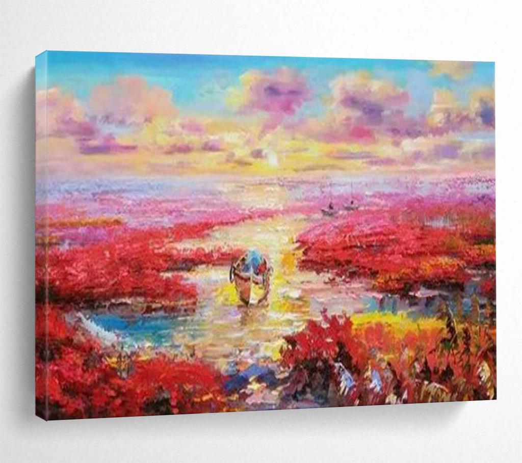 “Pink Wetland Sunset with Boats” Impressionist Landscape Painting On Canvas PT1799