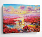 “Pink Wetland Sunset with Boats” Impressionist Landscape Painting On Canvas PT1799