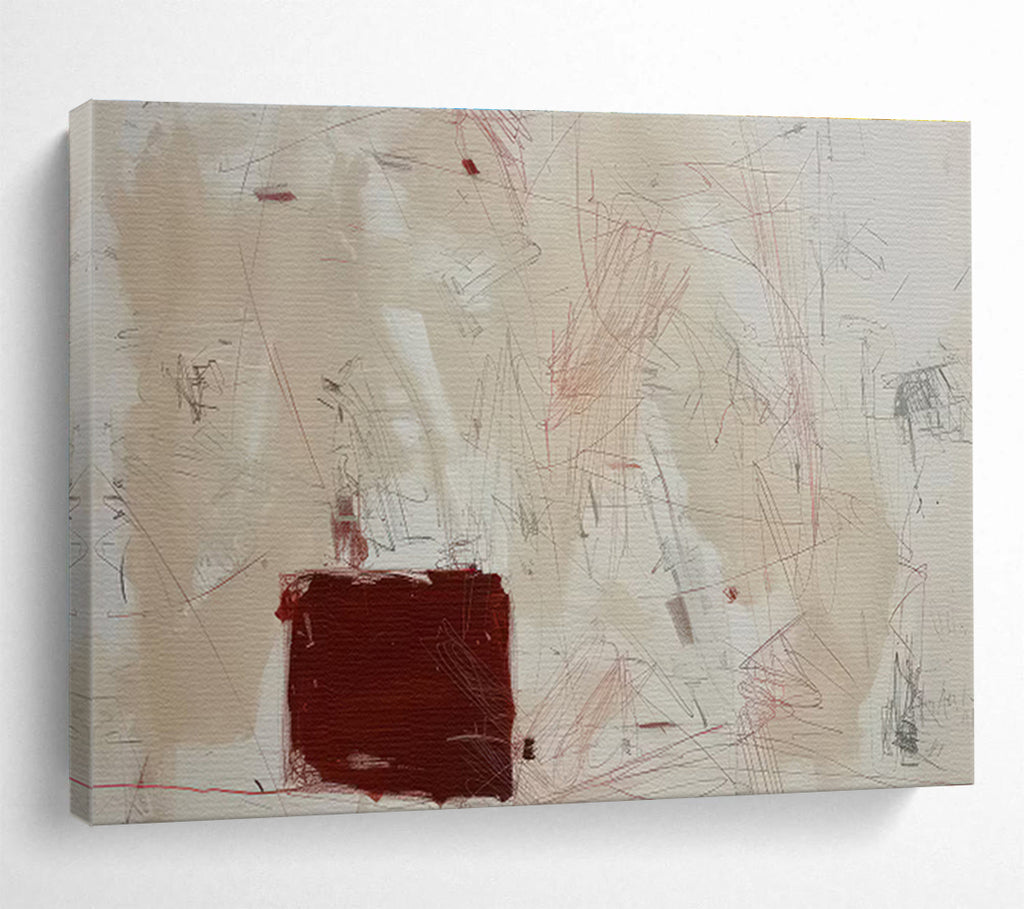 Beige and Red Abstract Scratches Contemporary Abstract Painting On Canvas DKS146