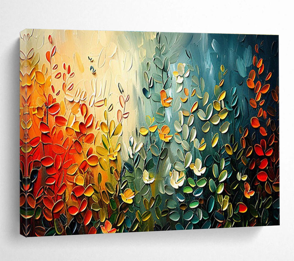 “Colorful Leaf Symphony” - Vibrant Green, Yellow & Red Textured Leaf, Impasto Nature Painting On Canvas DKS711