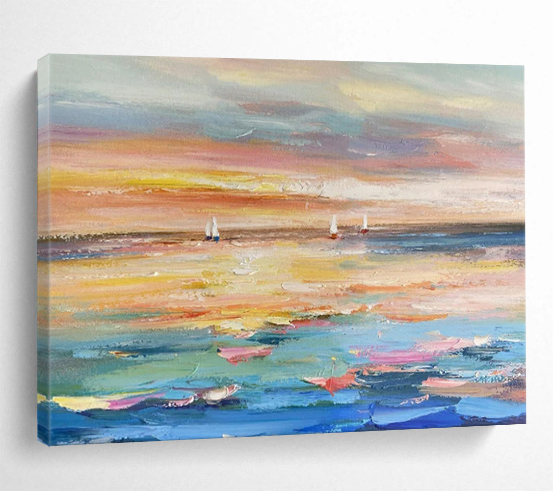 “Sailboats at Sunset” - Impressionist Seascape - Painting On Canvas PT1745