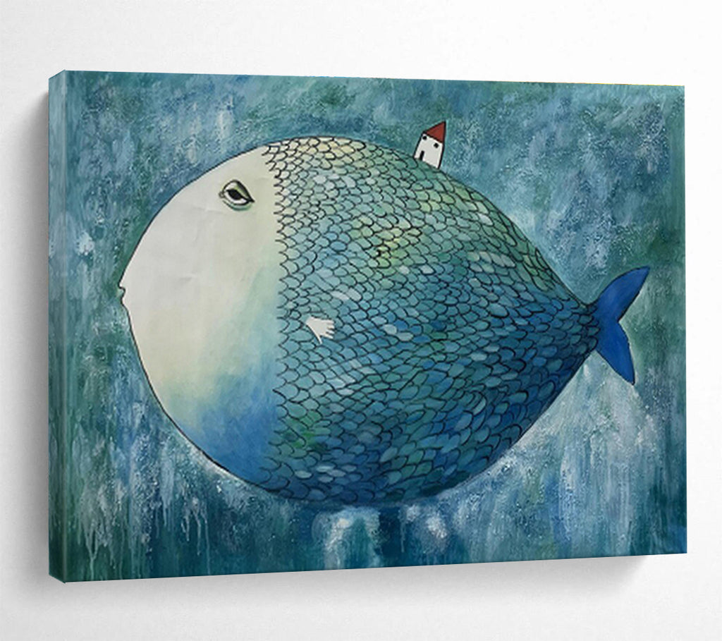 “Whimsical Fish and House” Surrealist Painting DKS218