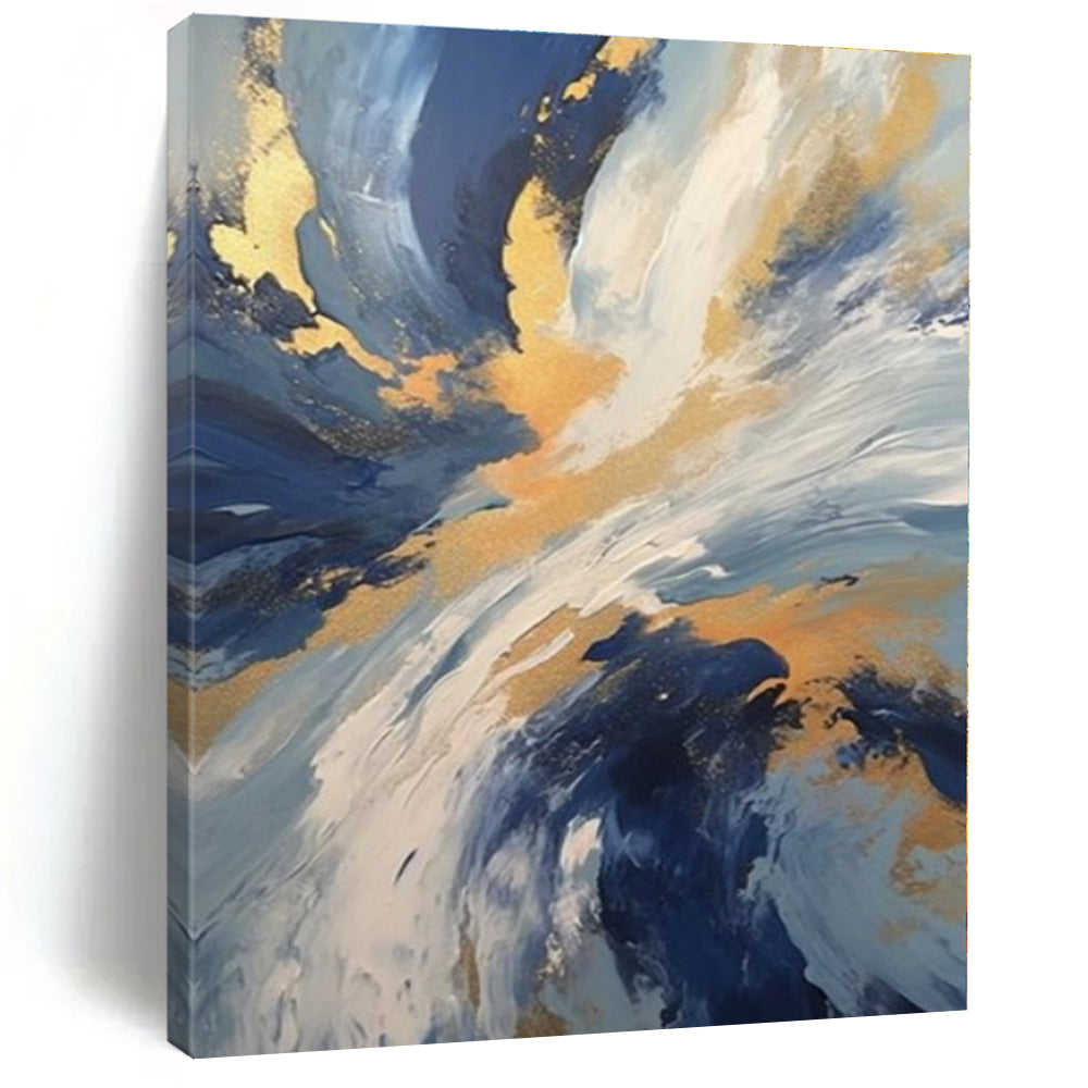 Blue, Gold, White with Dynamic Swirls "Gilded Tempest" Abstract Painting On Canvas PS1265