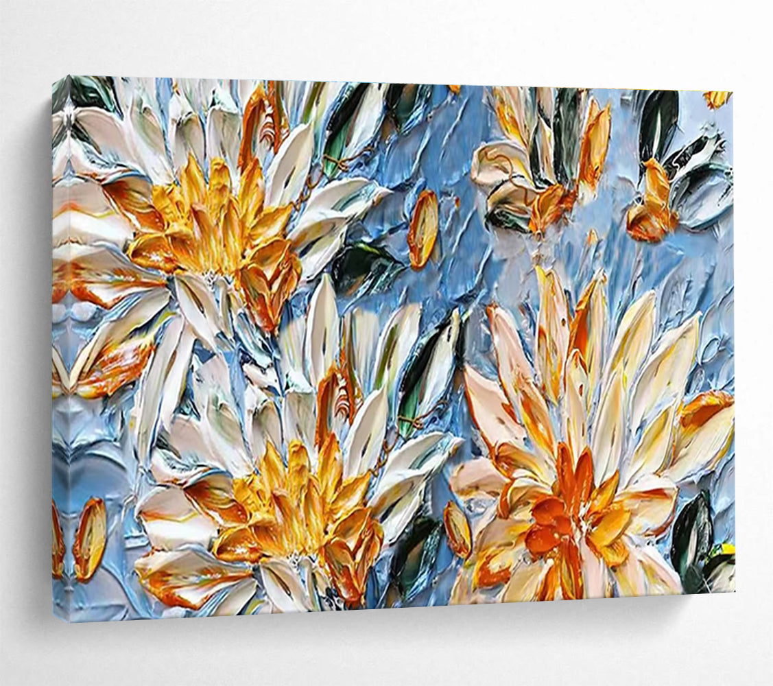 “Yellow and White Flowers on Blue” - Impasto Oil Painting On Canvas DKS896