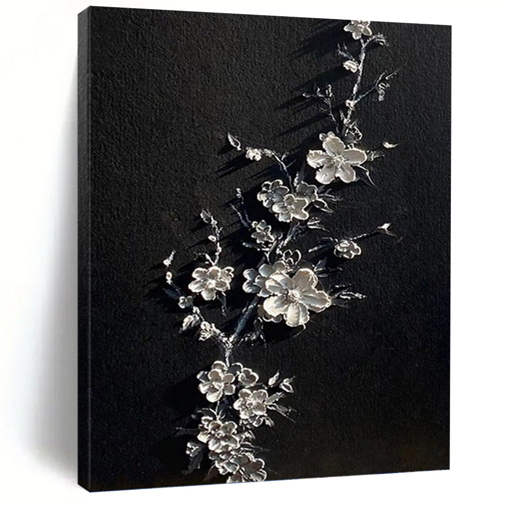 “Black and Silver Floral Relief” - Abstract, Sculptural Painting On Canvas PT1543