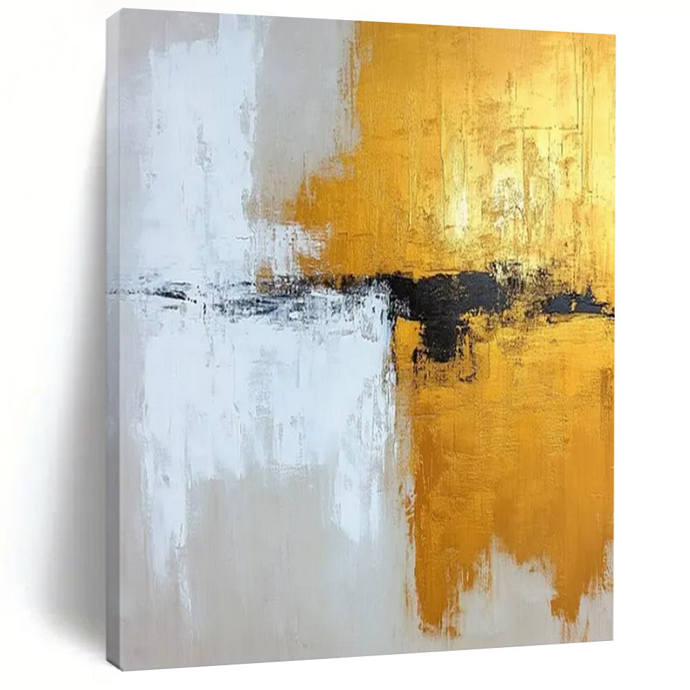 “Gold, White, and Black Abstract Fusion” - Abstract Expressionist Painting On Canvas PT2371