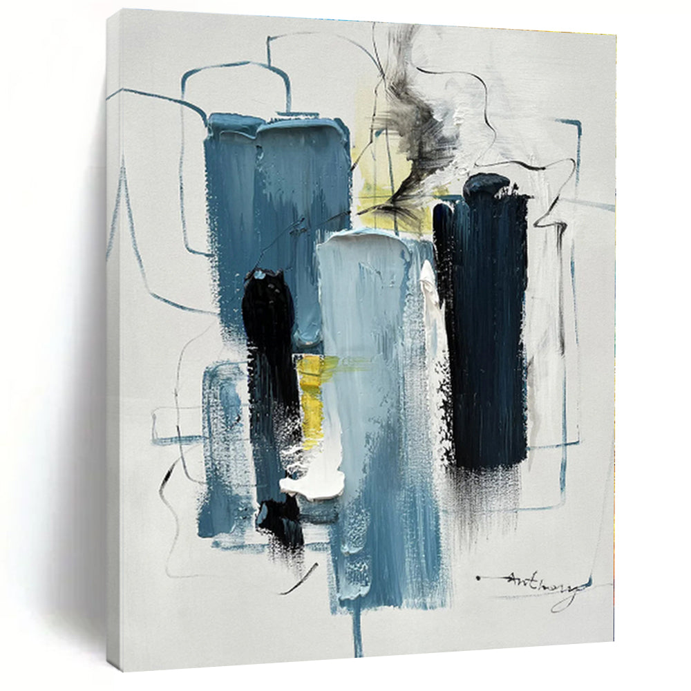 “Blue - Black - Yellow Abstract Forms” - Blue, Black, Yellow, White Abstract Painting On Canvas PS0516
