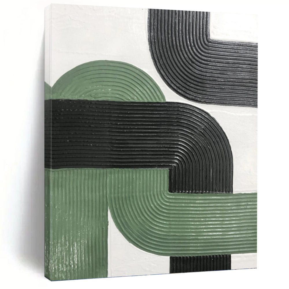 “Green - Black Curved Textures” - Minimalist Abstract Painting On Canvas PT1171