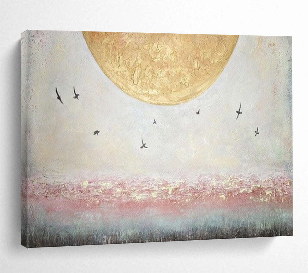 “Golden Moon with Flying Birds” - Impasto Sky - scape - Painting On Canvas PT1773