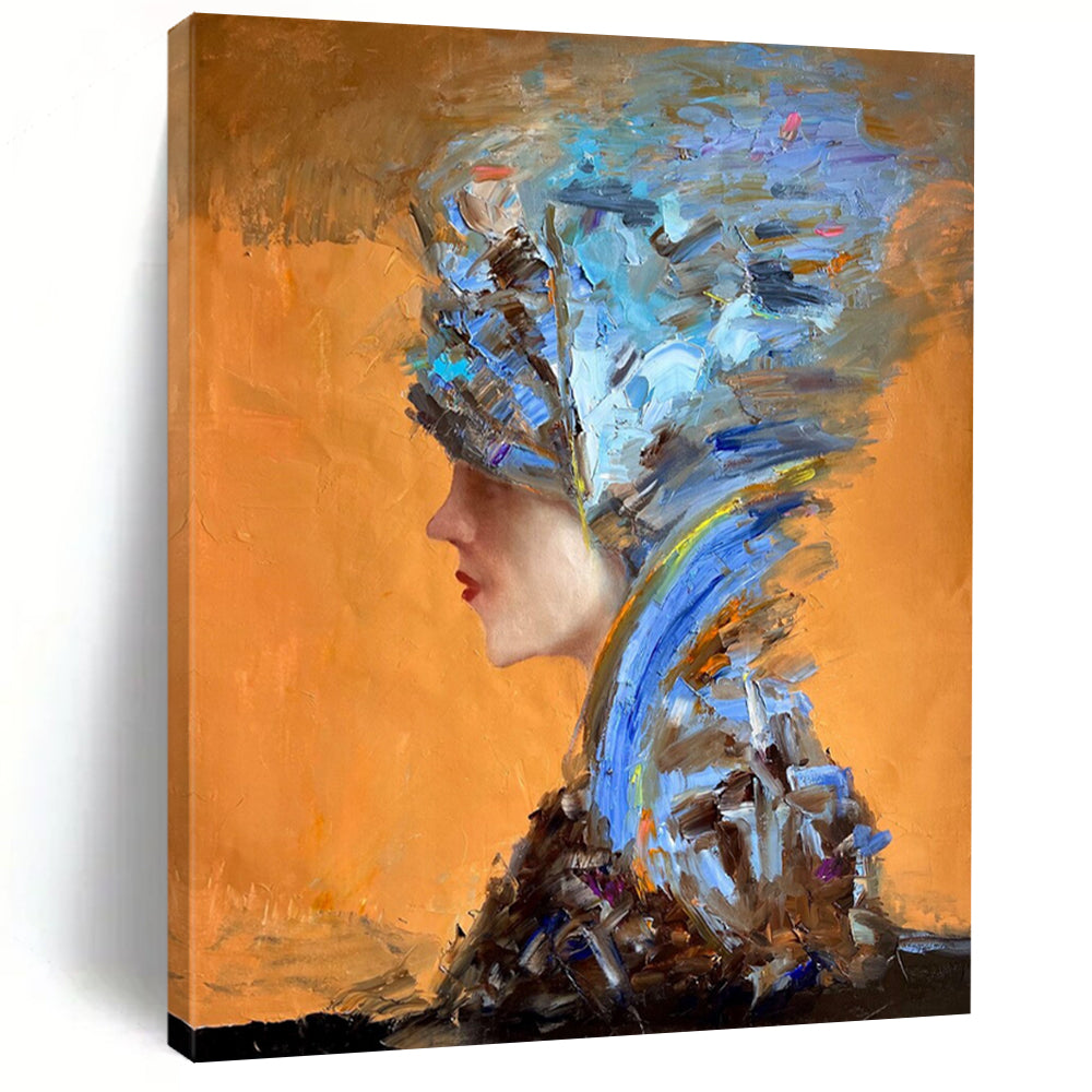 “Blue and Brown Abstract Headpiece on Orange” - Expressive Portrait - Inspired Painting On Canvas DS348