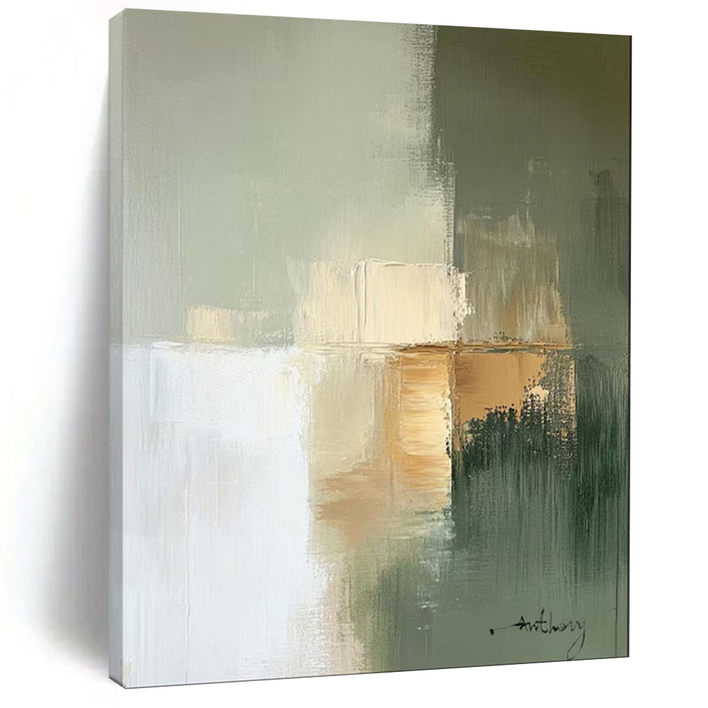 “Soft Green - Gold Abstract Blocks” - Abstract Painting On Canvas PT2081