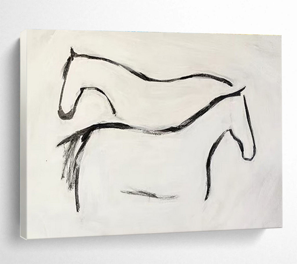 “Minimalist Horse Silhouettes” - Black & White Figurative, Simplistic Ink Painting On Canvas DKS751
