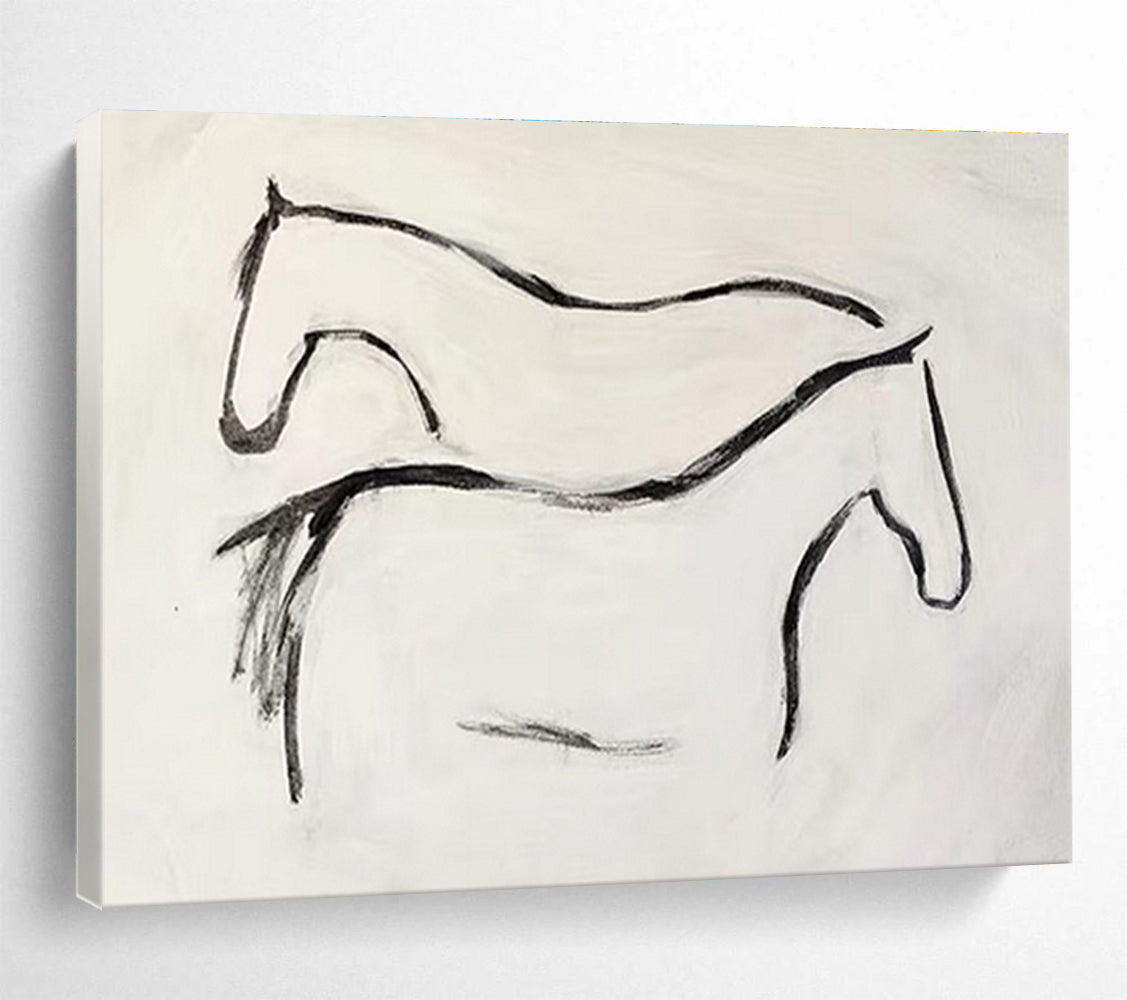 “Minimalist Horse Silhouettes” - Black & White Figurative, Simplistic Ink Painting On Canvas DKS751