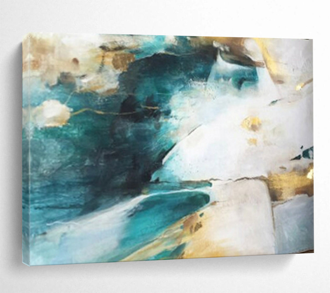 “Teal - Gold Abstract Flows” - Flowing Teal “Aqua Gleam” Painting On Canvas PT1635