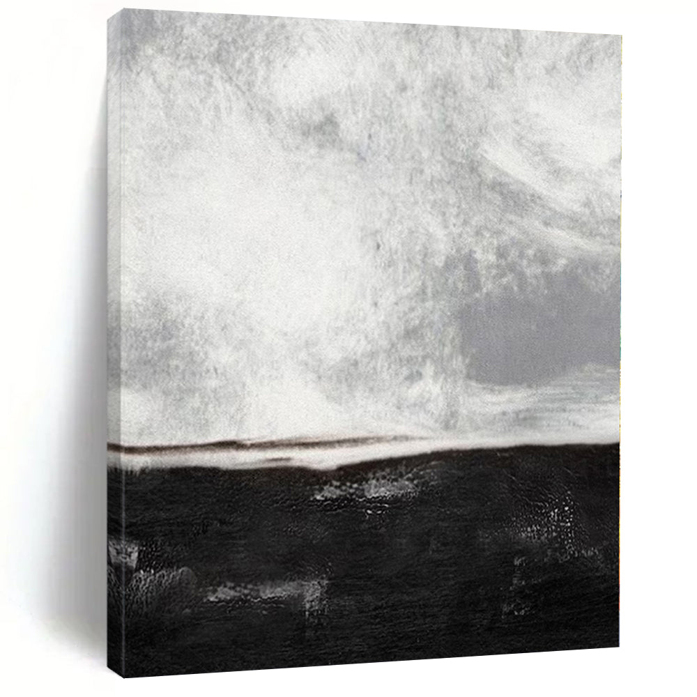 Black, White and Gray with Textured Divide "Midnight Calm" Abstract Painting On Canvas PS1154