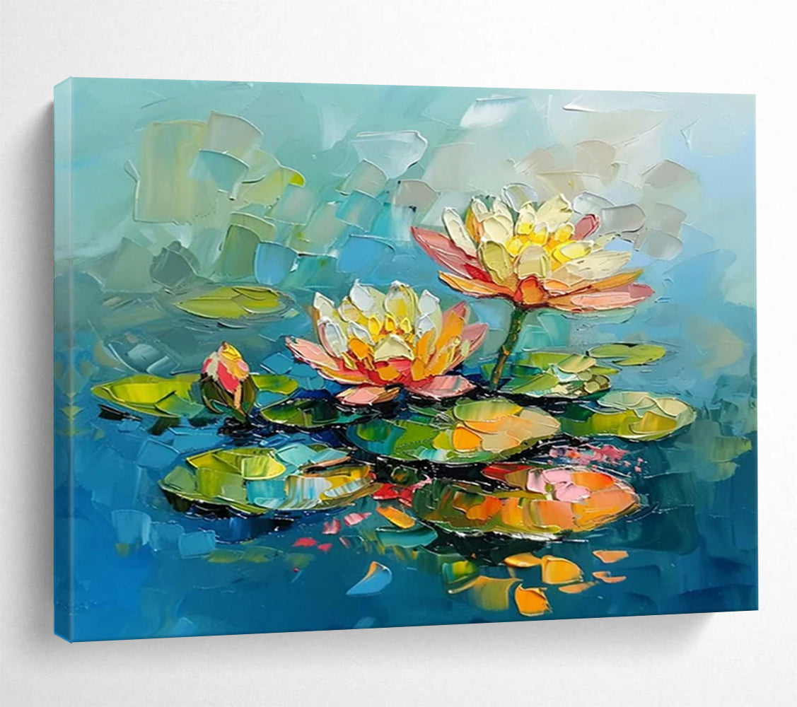 “Colorful Water Lilies” - Impasto Floral Painting On Canvas PT088