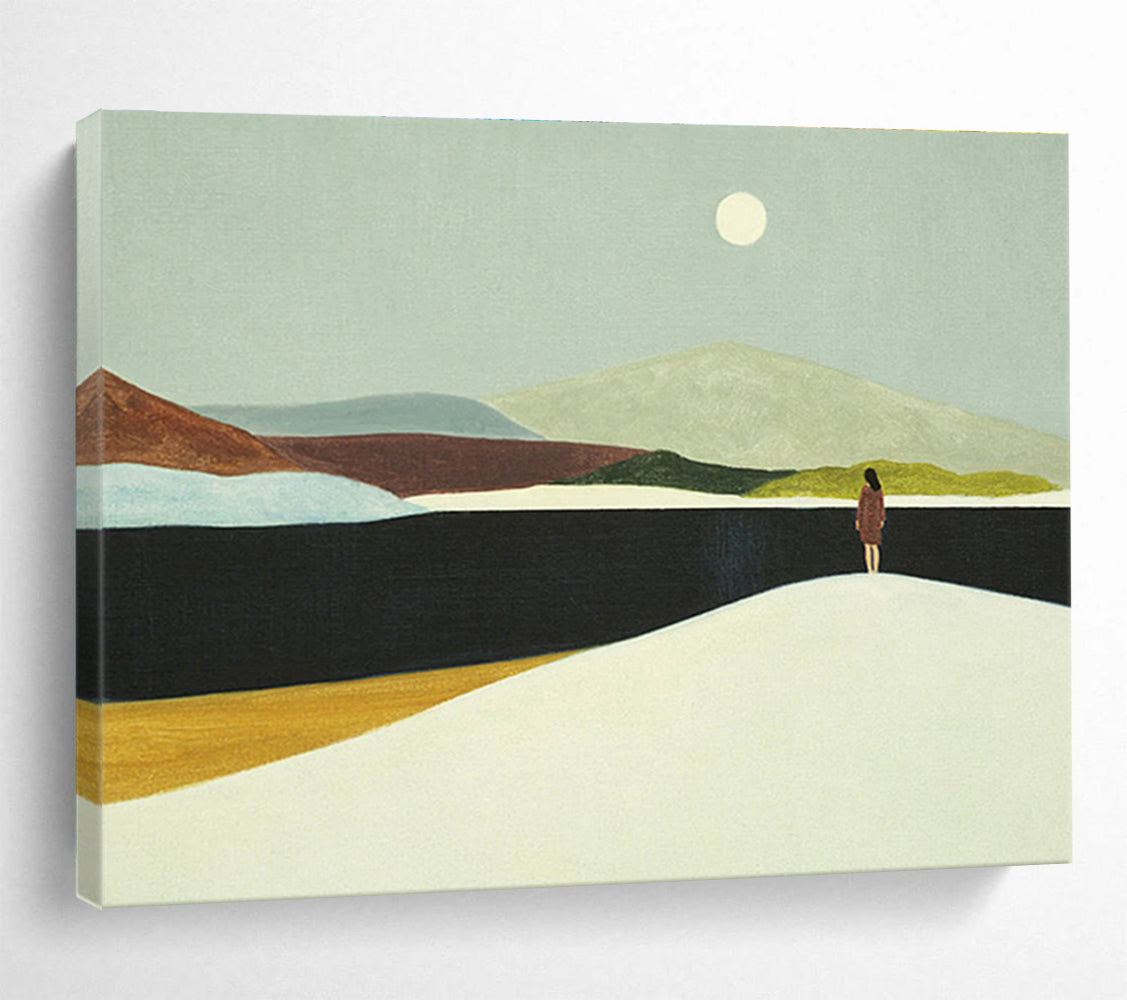 “Moonlit Lake Contemplation” - Blue, Green & Brown Landscape, Minimalist Oil Painting On Canvas DKS739