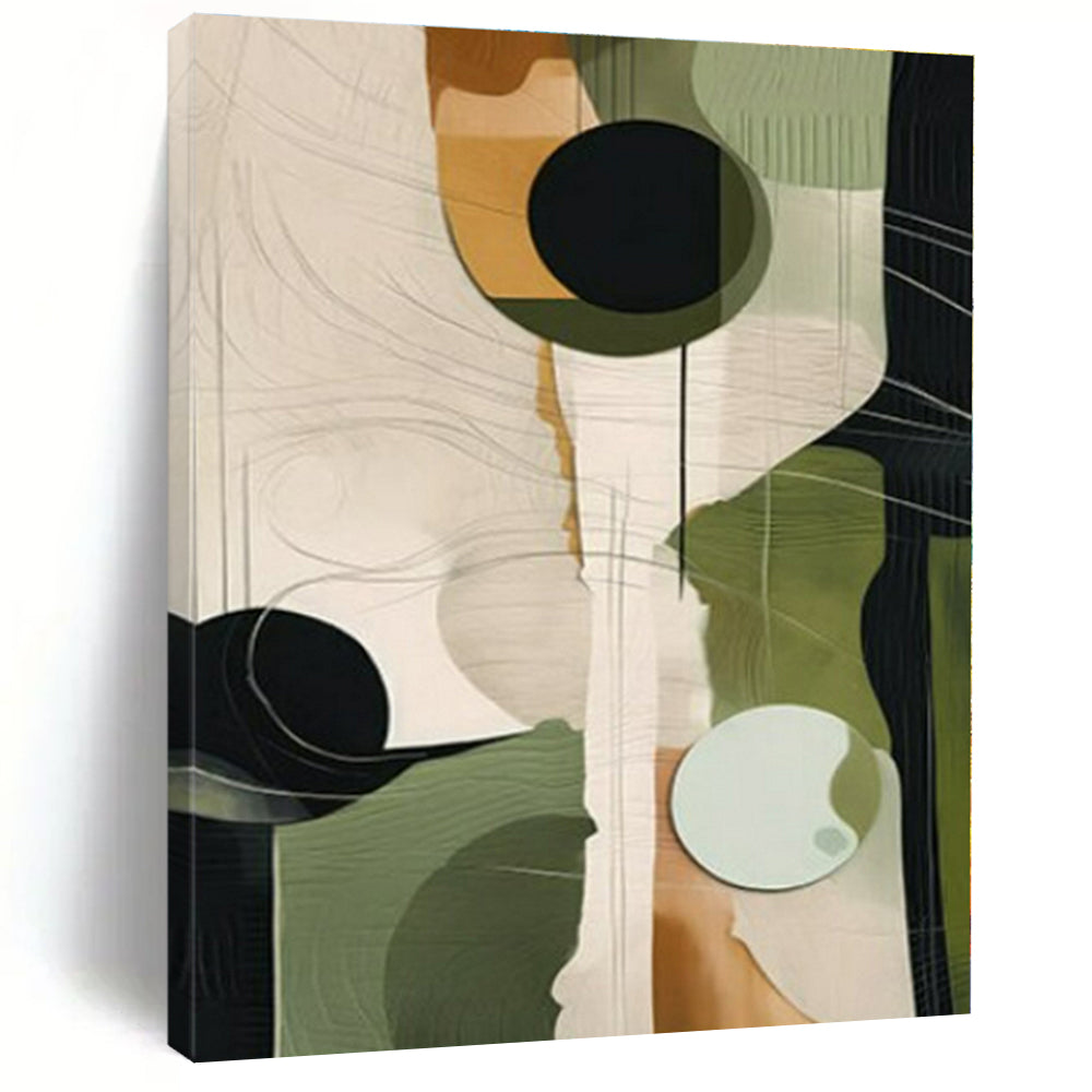 Green, Beige, Black with Geometric Forms "Geometric Growth" Abstract Painting On Canvas PS1276