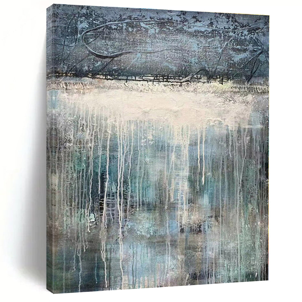 “Gray - Blue Dripping Landscape” - Gray, Blue Abstract Painting On Canvas PS0467
