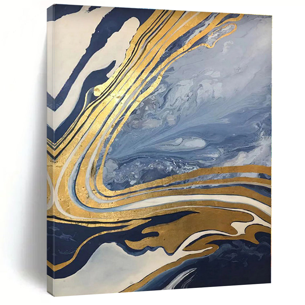“Blue - Gold Marble Swirls” - Blue, Gold, White Abstract Marbled Painting On Canvas PS0555