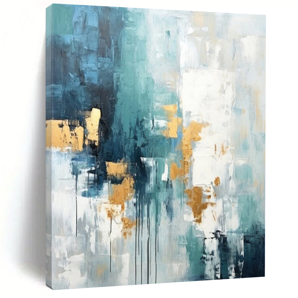 Teal, Gold, and White, "Aqua Gleam" – Abstract Expressionist Painting On Canvas PS1039