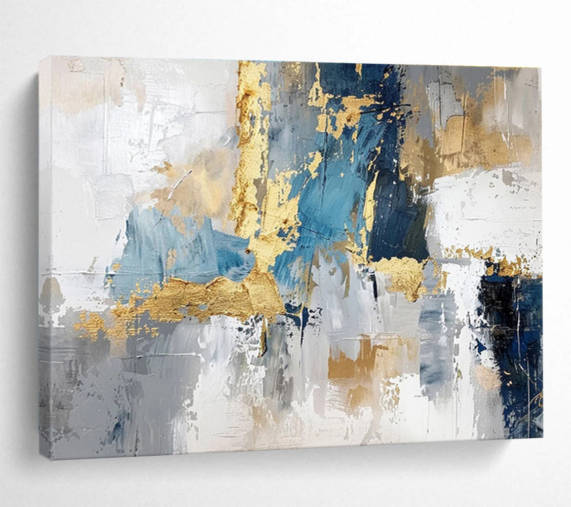 Blue - Gray Abstract with Gold Accents - Luxe Modern Painting On Canvas DKS344