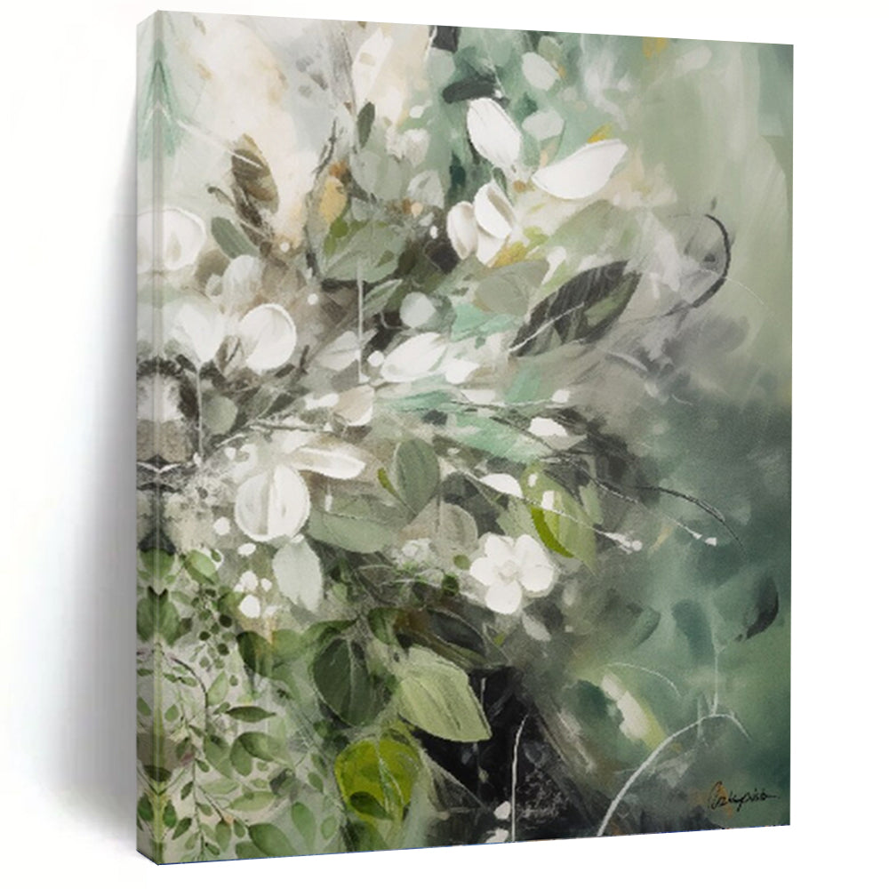 “Green - White Floral Blend” - Soft Floral Abstract Painting On Canvas PT1086