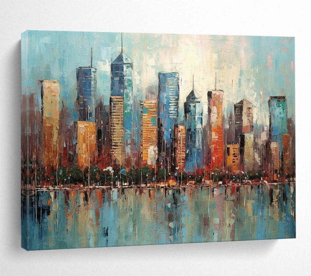 “Colorful Cityscape Reflection” - Impasto Urban Painting On Canvas PT077