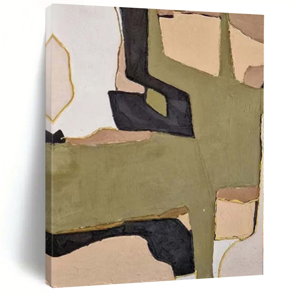 “Green - Beige - Black Geometric” - Mid - Century Abstract Painting On Canvas PS0169