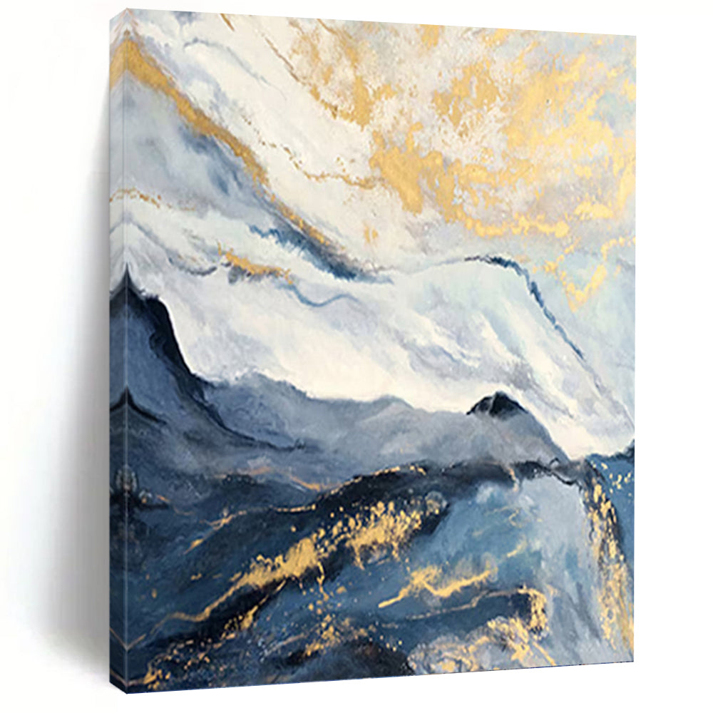 “Blue - Grey Mountains with Gold: Abstract Landscape” - Luxe Nature Painting On Canvas PT0943