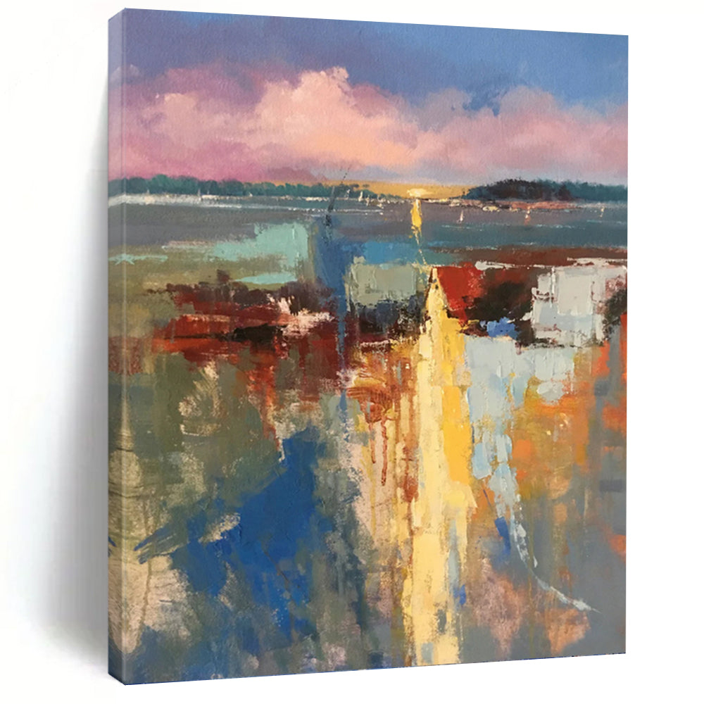 “Colorful Abstract Harbor” - Impressionistic, Vibrant - Hued Painting On Canvas PT1578